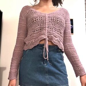Purple lulus crochet knit top with tie front detail.